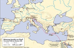 Arnold von Harffen bidai osoaren mapa (Iturria: http://www.museum-villa-erckens.de/wechselausstellungen/arnoldvonharff.php)