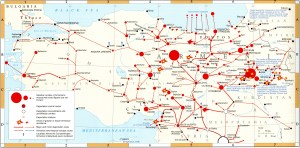 Mapa que representa los flujos de población armenia deportada al desierto de Siria (Iturria: Wikipedia)