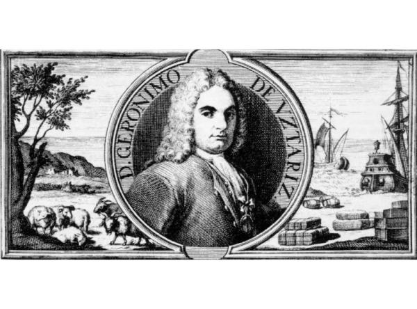 Gerónimo de Ustariz Hermiaga (Doneztebe, 1670-Madrid 1732), abuelo del Gerónimo de Ustáriz que acogió a Simón Bolivar. Hijo secundón de una familia numerosa, emigró en su juventud para hacer carrera en la Corte española. Tras varios años en el Ejército, inició una carrera política que le llevó a ser el principal responsable de la política económica de Felipe V, el primer Borbón español. Está considerado como uno de los principales economistas mercantilistas de su época, siendo mencionado por Voltaire o Adam Smith, entre otros. Su obra más destacada es "Teoría y práctica de Comercio y Marina" (1724), donde anticipa los temas que marcarán las obras de los primeros economistas clásicos, centrados en el análisis y medición de la riqueza de las naciones. Su hijo Casimiro recibió el título de Marqués de Uztariz. (Fuente imagen: www.euskomedia.org)