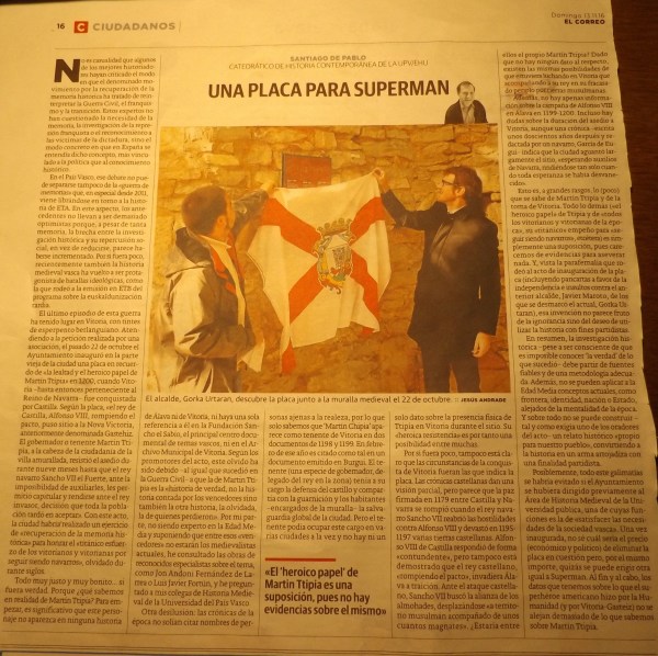 Artículo escrito en "El Correo" el pasado 13 de noviembre por Santiago de Pablo, catedrático de Historia Contemporánea de la UPV/EHU, tras la inauguración en Gasteiz de Martin Ttipia Lekua (22 de octubre de 2016)